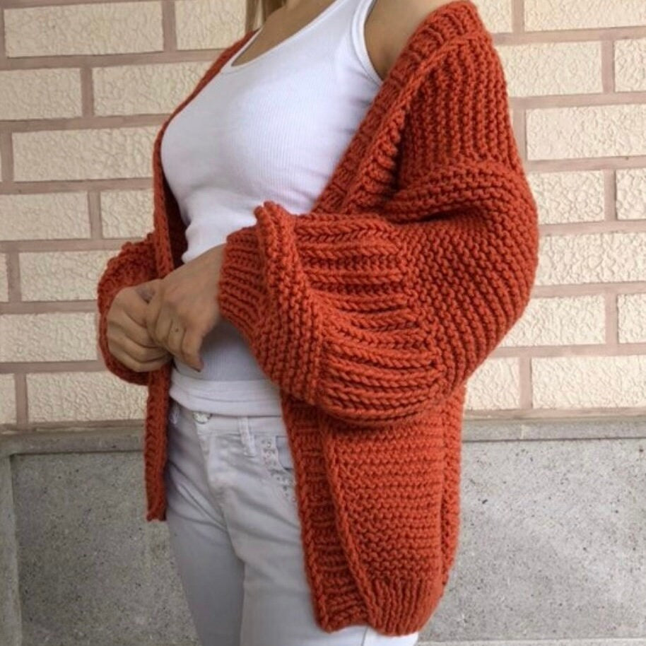Chunky knit ripped cardigan Thick open front puff sleeves cardigan woman Wide sleeve cropped sweater cardigan Wool knit cardigan gift her