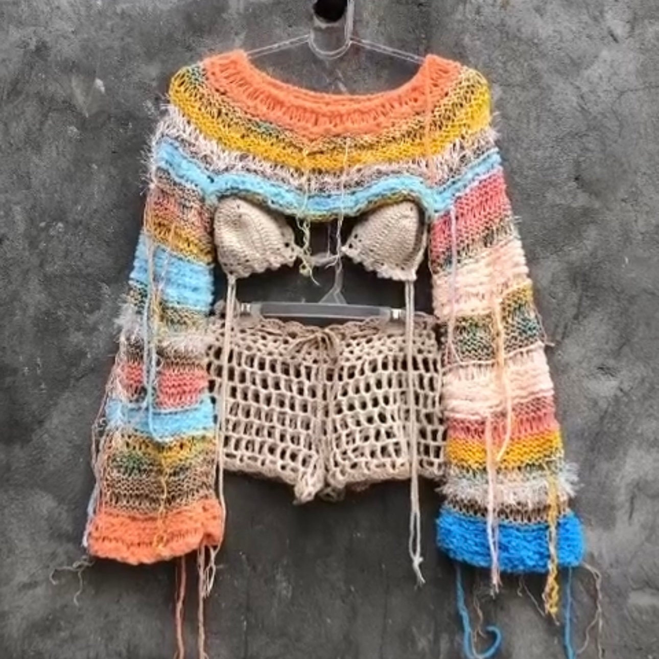 3 pcs cool crochet outfit woman Wide long sleeve crop top Bra and shorts set Festival tassel top outfit Bright beach rave wear clothes gift