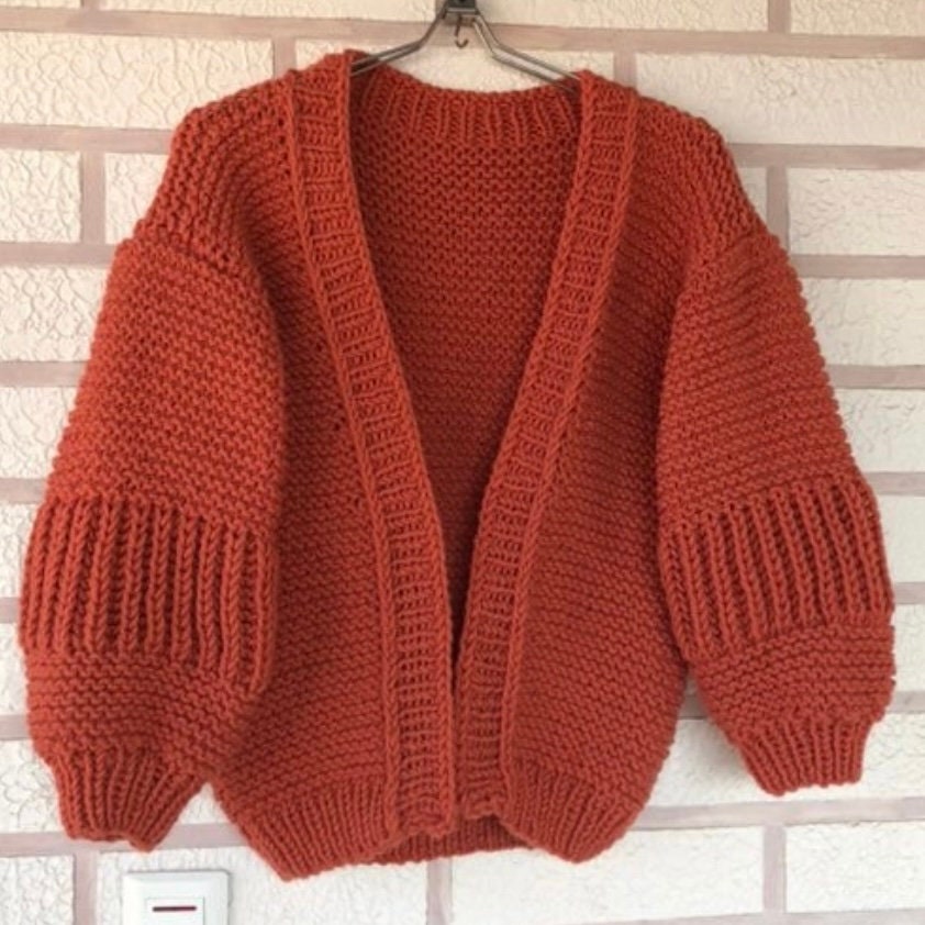 Chunky knit ripped cardigan Thick open front puff sleeves cardigan woman Wide sleeve cropped sweater cardigan Wool knit cardigan gift her