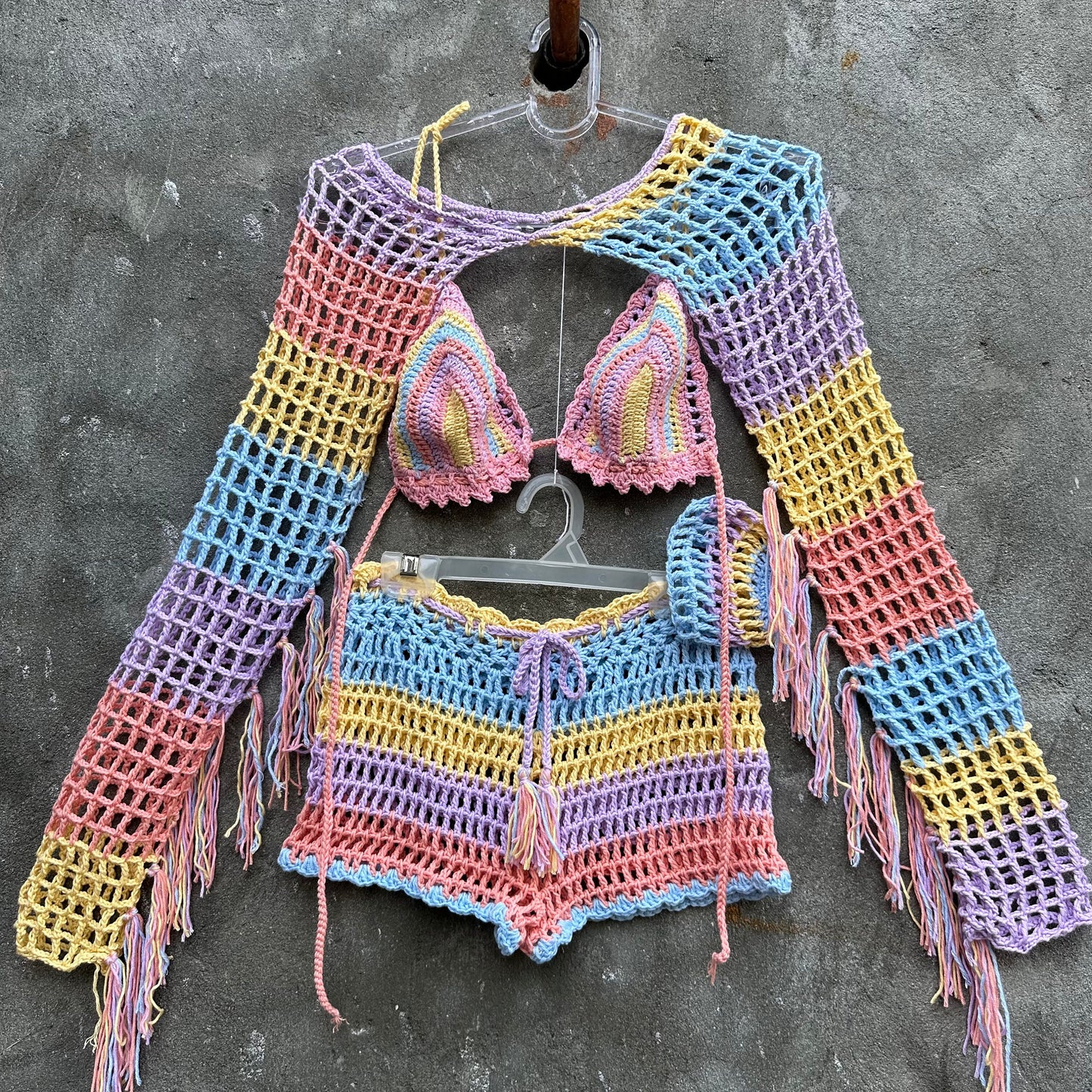 5 pcs pastel goth crochet set woman Festival rave wear outfit Mesh beach wear matching set Rasta clothes crochet outfit Garust