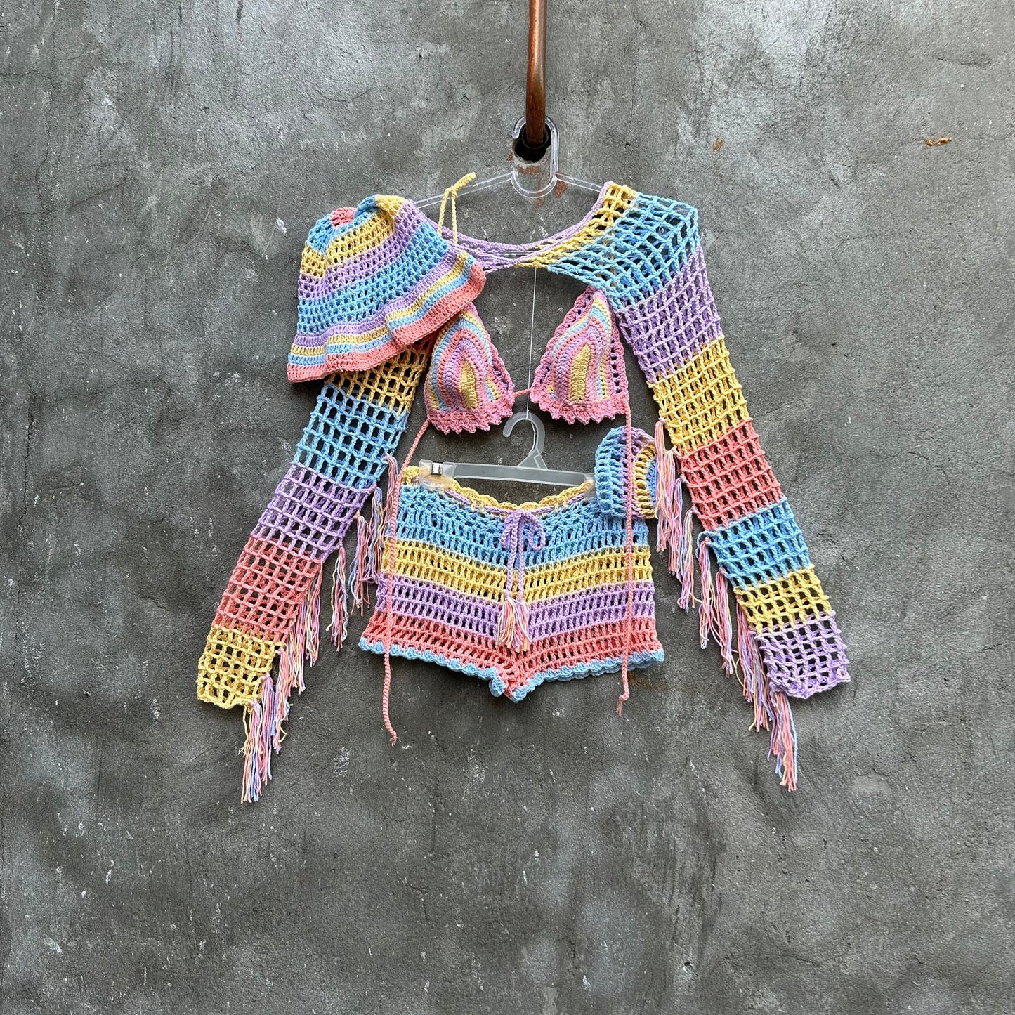 5 pcs pastel goth crochet set woman Festival rave wear outfit Mesh beach wear matching set Rasta clothes crochet outfit Garust