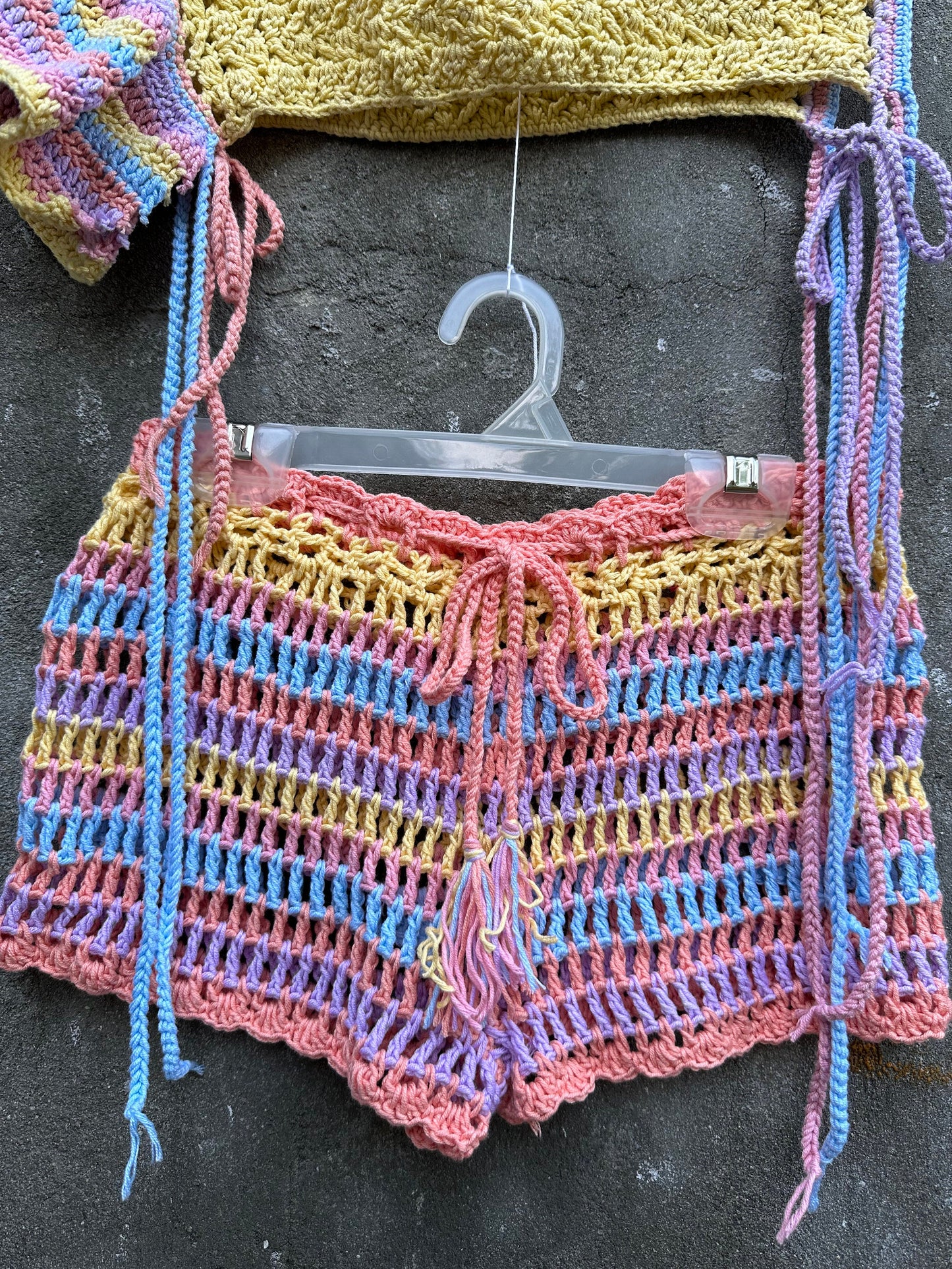 5 pcs pastel goth crochet set woman Festival rave wear outfit Mesh beach wear matching set Rasta clothes crochet outfit Garust