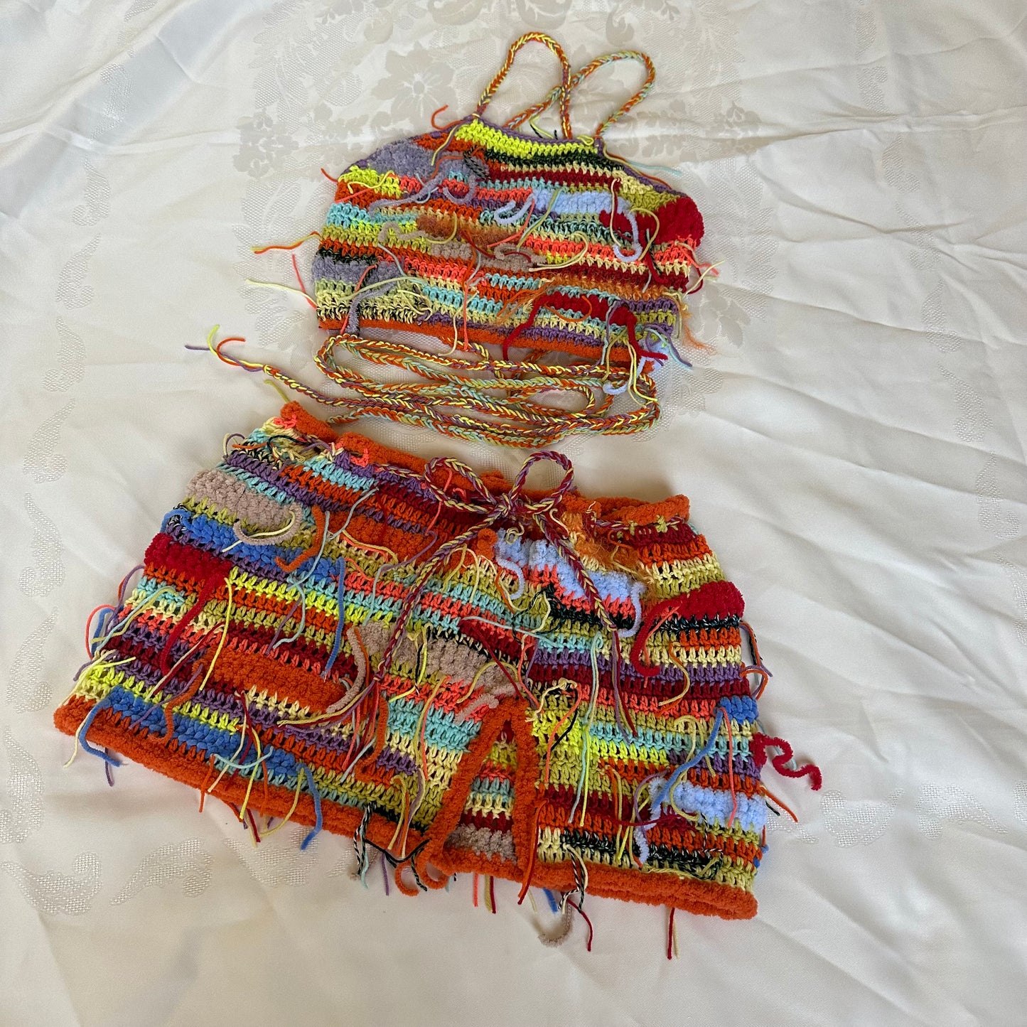 Festival Colorful Outfit Crochet Halter Crop Top and Slit Mini Skirt Two Piece Set Boho Rave Psychedelic Multicolor Outfit by Garust