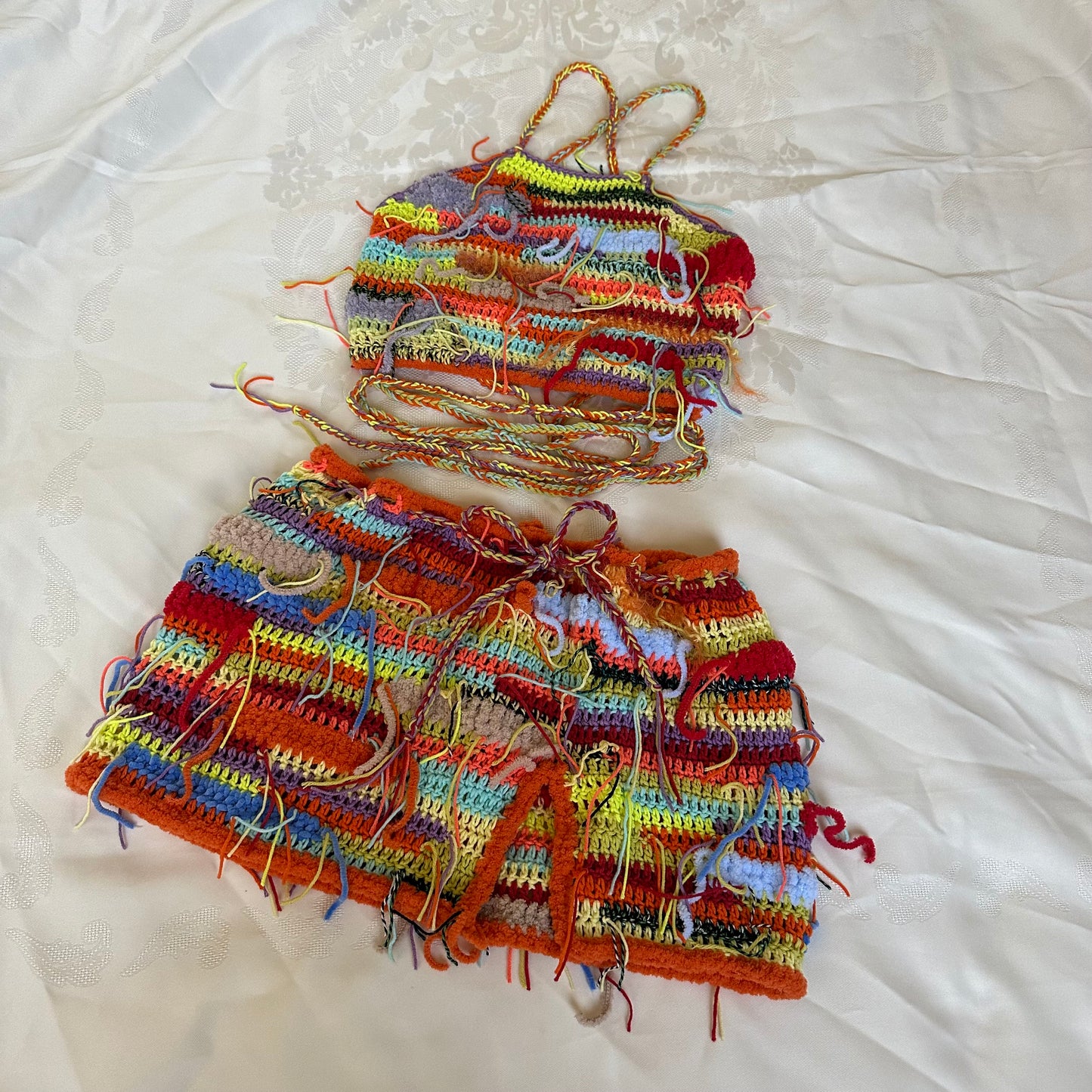 Festival Colorful Outfit Crochet Halter Crop Top and Slit Mini Skirt Two Piece Set Boho Rave Psychedelic Multicolor Outfit by Garust