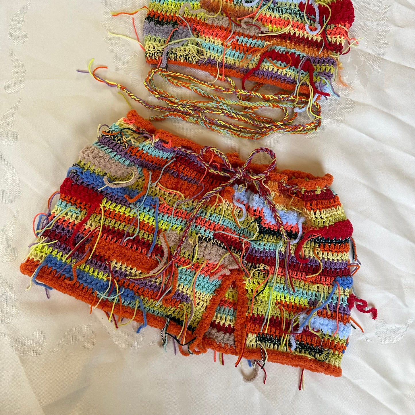 Festival Colorful Outfit Crochet Halter Crop Top and Slit Mini Skirt Two Piece Set Boho Rave Psychedelic Multicolor Outfit by Garust
