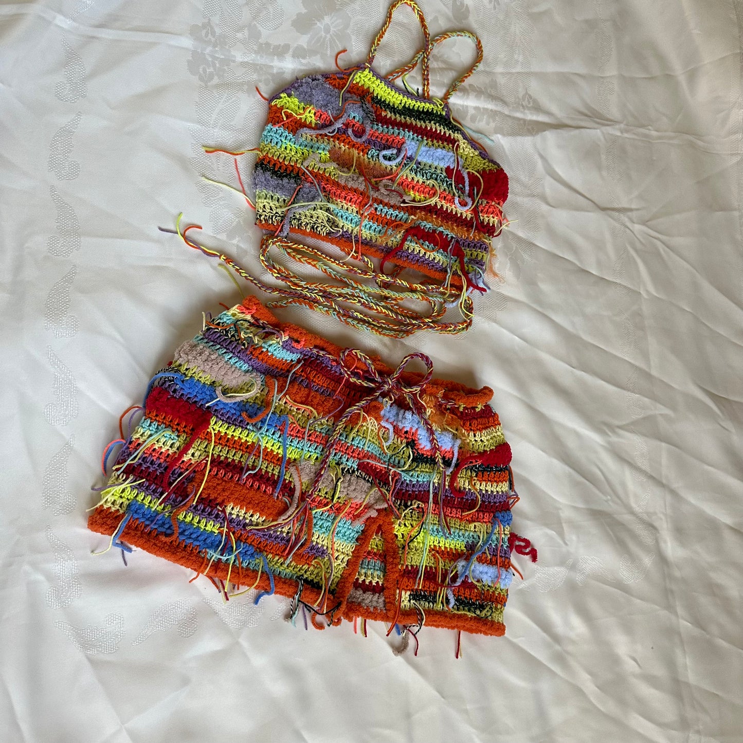 Festival Colorful Outfit Crochet Halter Crop Top and Slit Mini Skirt Two Piece Set Boho Rave Psychedelic Multicolor Outfit by Garust