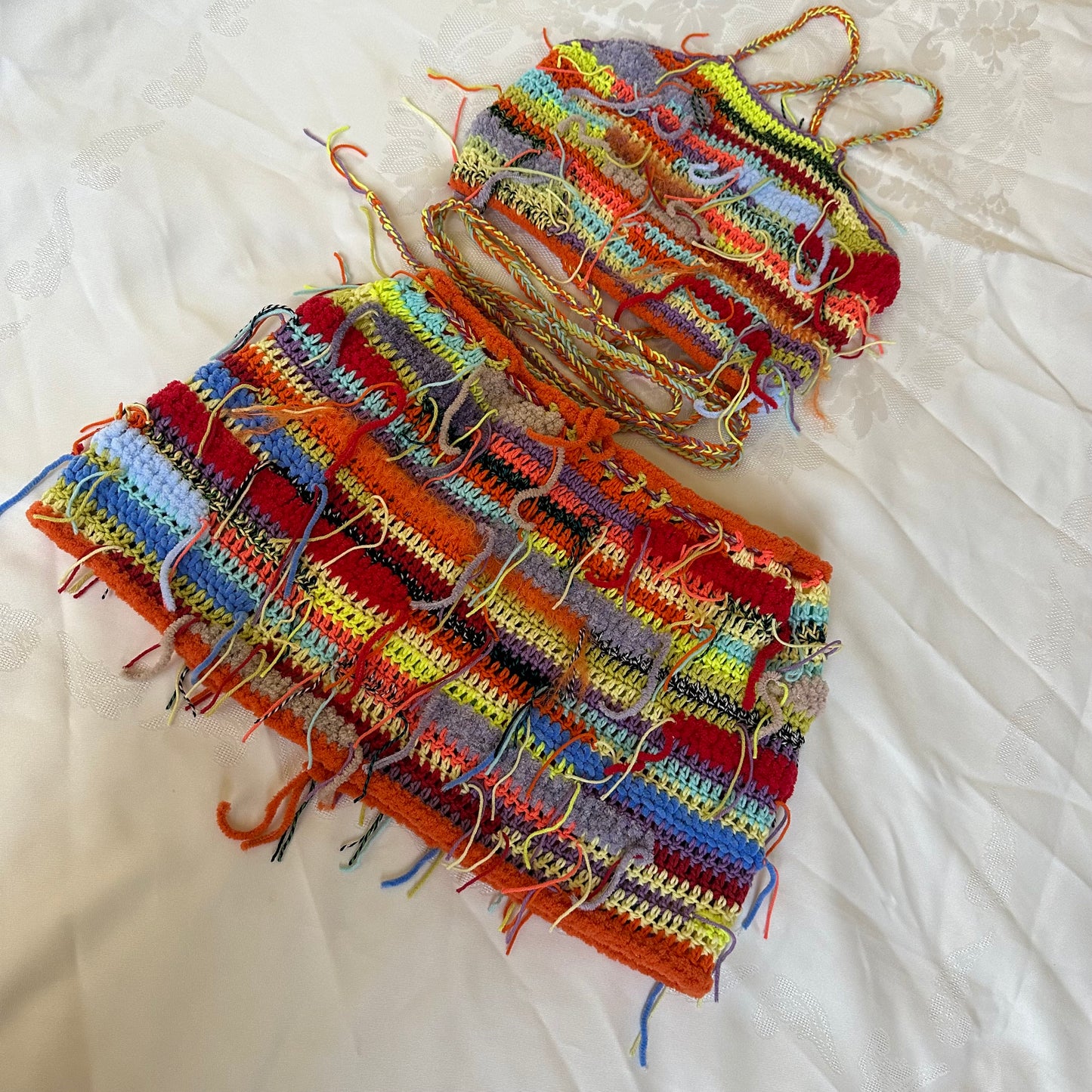 Festival Colorful Outfit Crochet Halter Crop Top and Slit Mini Skirt Two Piece Set Boho Rave Psychedelic Multicolor Outfit by Garust