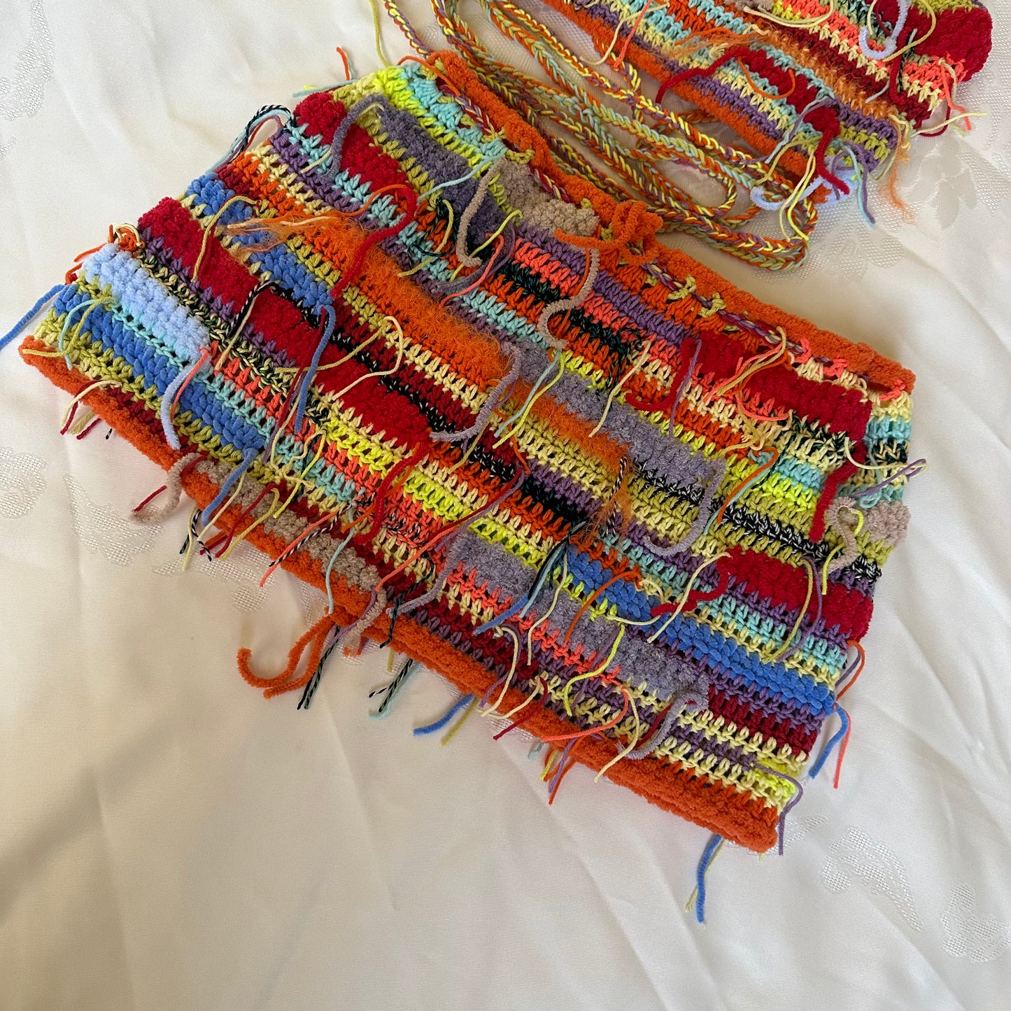 Festival Colorful Outfit Crochet Halter Crop Top and Slit Mini Skirt Two Piece Set Boho Rave Psychedelic Multicolor Outfit by Garust