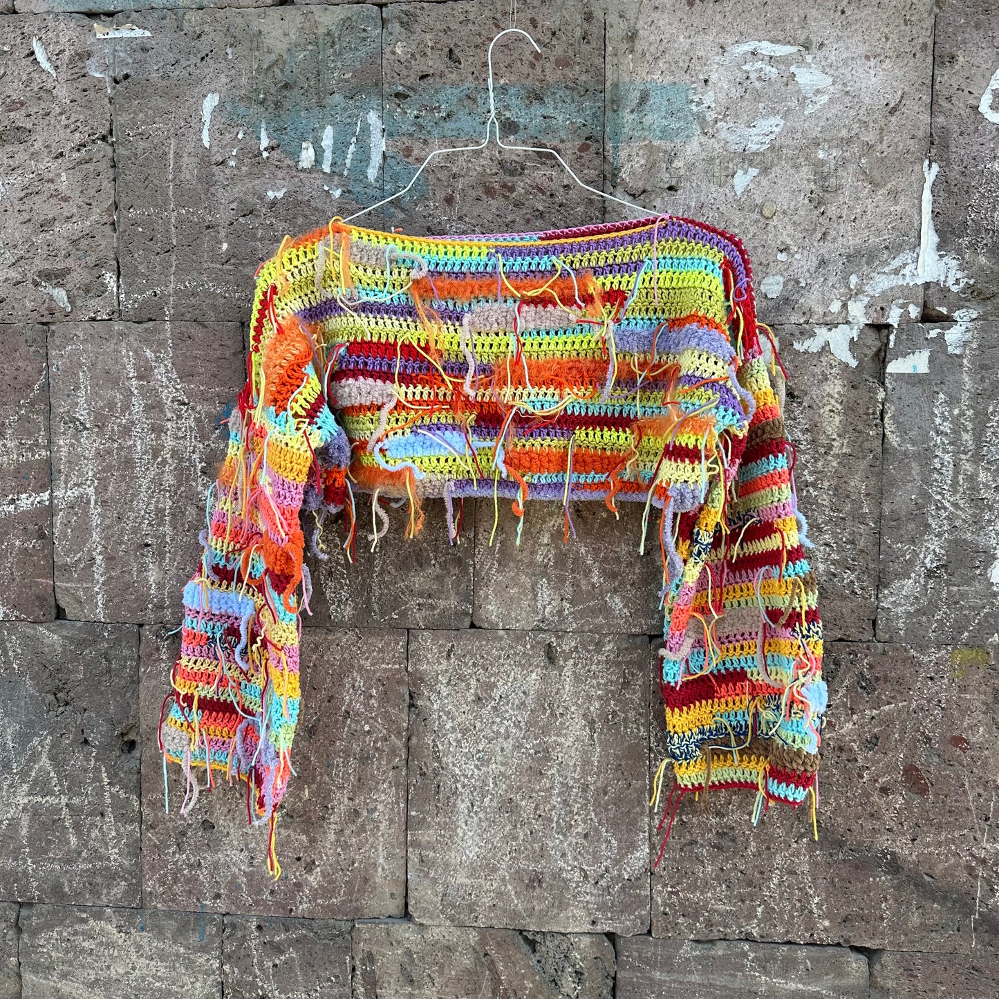 Cool Rainbow Cropped Sweater Y2k Colorful Festival Long Sleeves Crop Top Unique Multicolour Top Rave Festival Clothing Yarn Tassels Decor Sweater by Garust