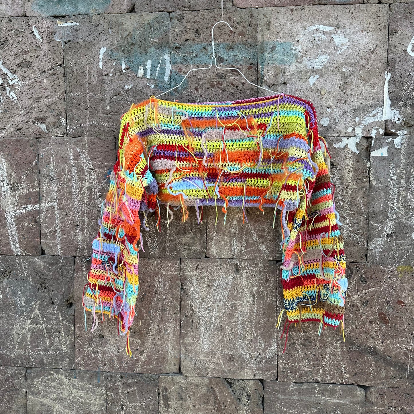 Cool Rainbow Cropped Sweater Y2k Colorful Festival Long Sleeves Crop Top Unique Multicolour Top Rave Festival Clothing Yarn Tassels Decor Sweater by Garust