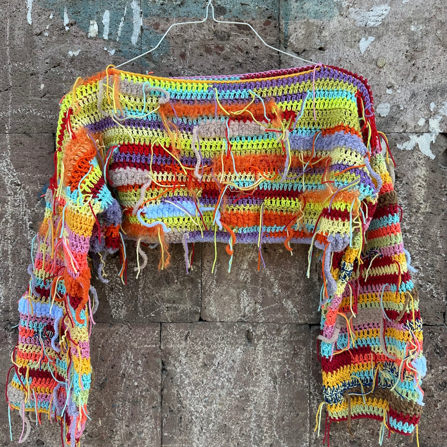Cool Rainbow Cropped Sweater Y2k Colorful Festival Long Sleeves Crop Top Unique Multicolour Top Rave Festival Clothing Yarn Tassels Decor Sweater by Garust
