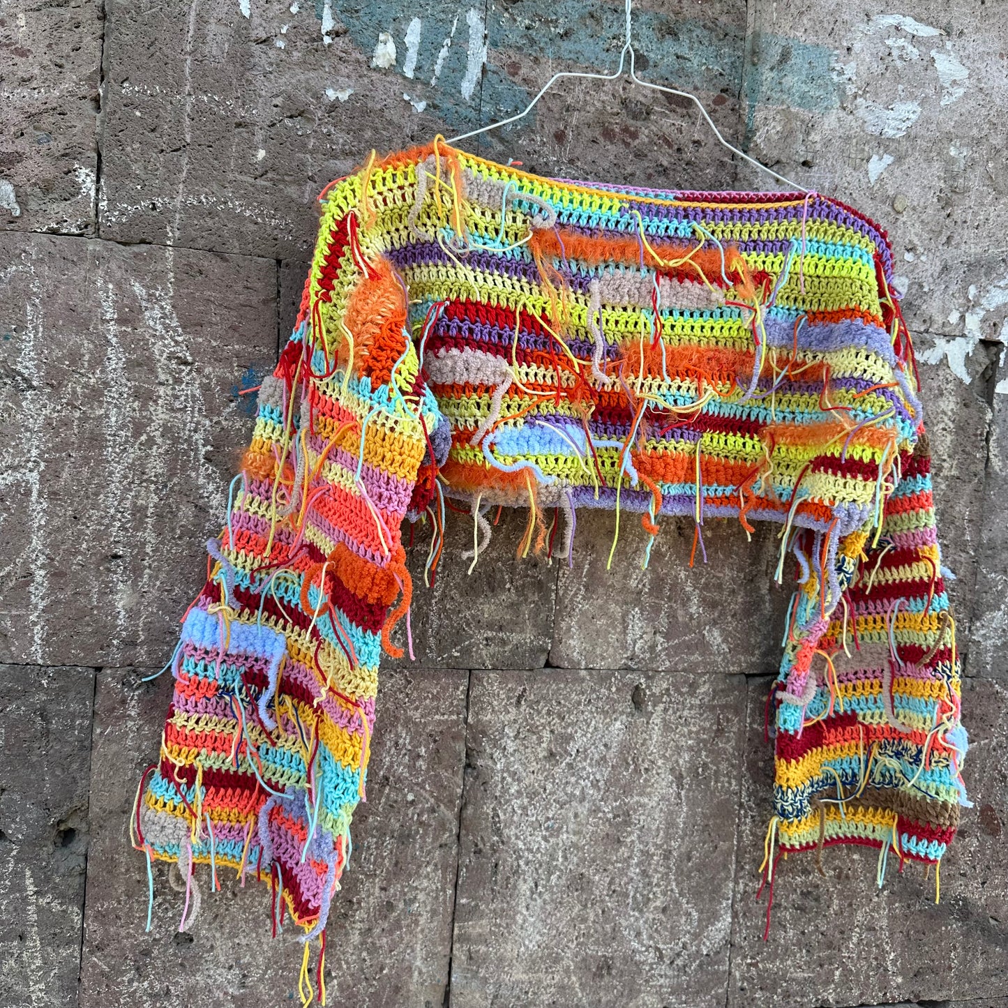 Cool Rainbow Cropped Sweater Y2k Colorful Festival Long Sleeves Crop Top Unique Multicolour Top Rave Festival Clothing Yarn Tassels Decor Sweater by Garust