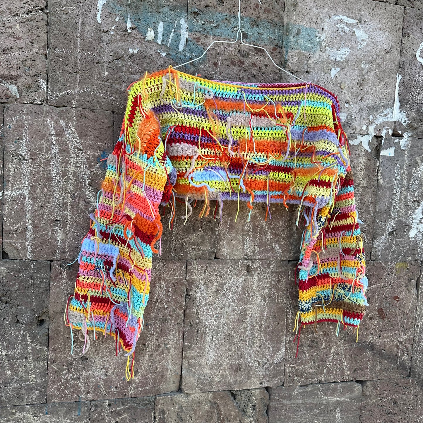 Cool Rainbow Cropped Sweater Y2k Colorful Festival Long Sleeves Crop Top Unique Multicolour Top Rave Festival Clothing Yarn Tassels Decor Sweater by Garust