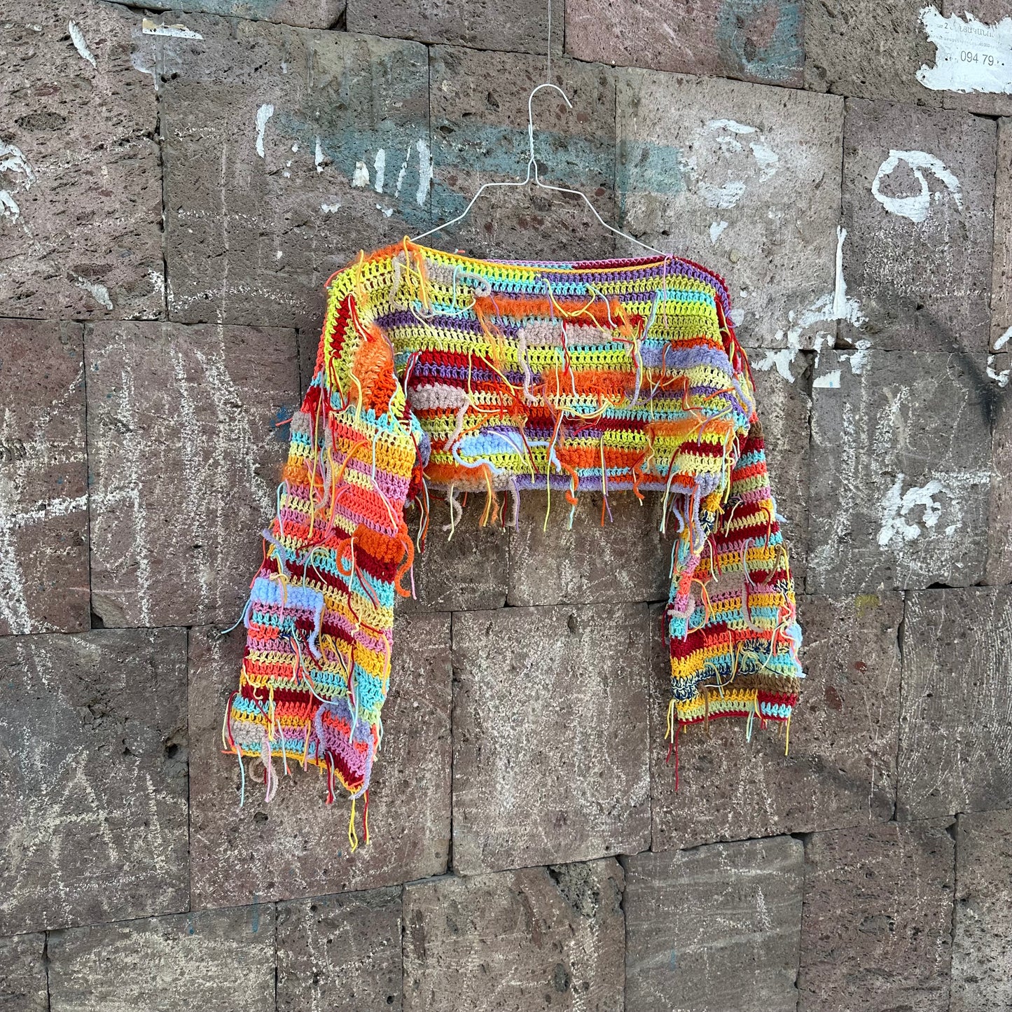 Cool Rainbow Cropped Sweater Y2k Colorful Festival Long Sleeves Crop Top Unique Multicolour Top Rave Festival Clothing Yarn Tassels Decor Sweater by Garust