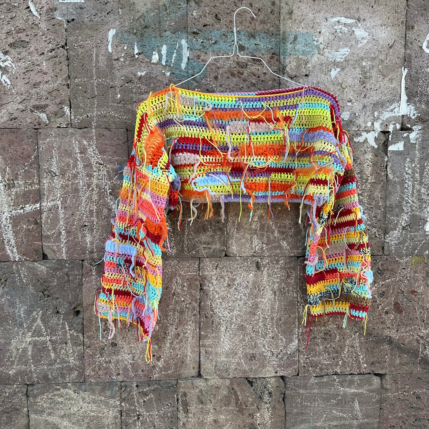 Cool Rainbow Cropped Sweater Y2k Colorful Festival Long Sleeves Crop Top Unique Multicolour Top Rave Festival Clothing Yarn Tassels Decor Sweater by Garust
