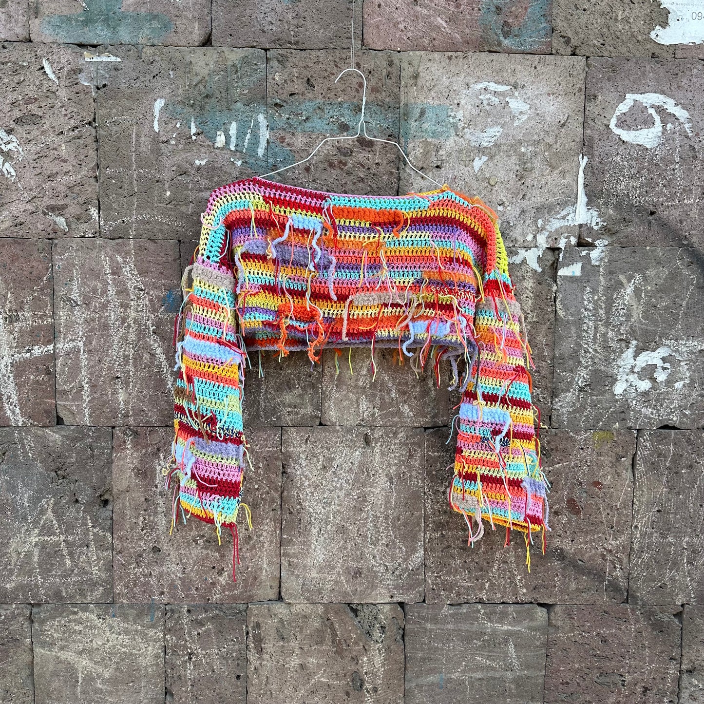 Cool Rainbow Cropped Sweater Y2k Colorful Festival Long Sleeves Crop Top Unique Multicolour Top Rave Festival Clothing Yarn Tassels Decor Sweater by Garust