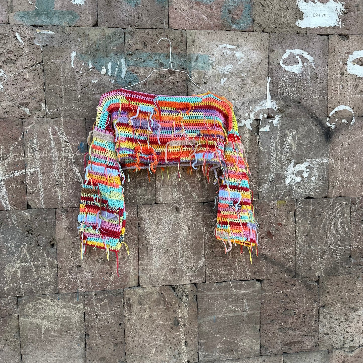 Cool Rainbow Cropped Sweater Y2k Colorful Festival Long Sleeves Crop Top Unique Multicolour Top Rave Festival Clothing Yarn Tassels Decor Sweater by Garust