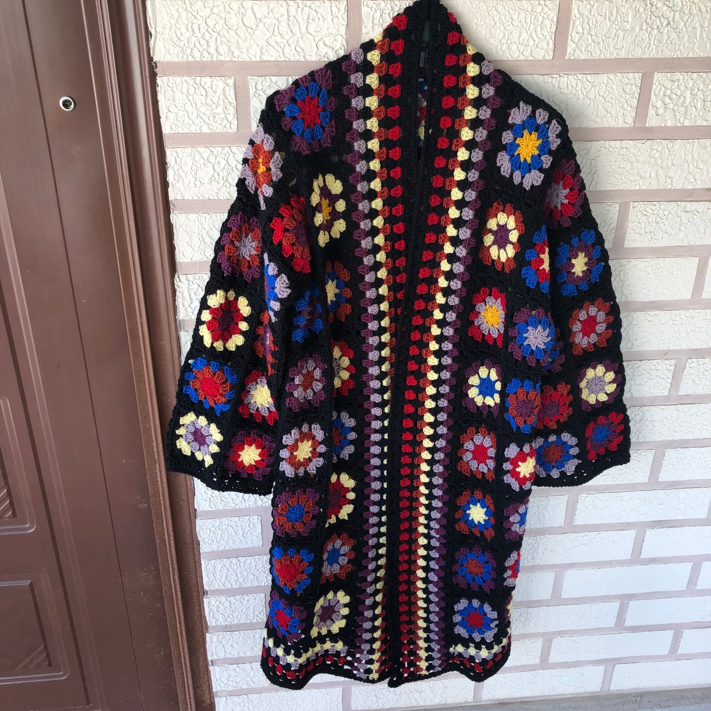 Boho Granny Square Cardigan | Long Multicolor Wool Knit for Women by Garust