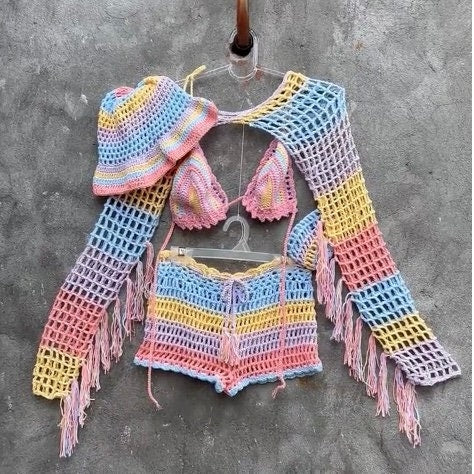 5 pcs pastel goth crochet set woman Festival rave wear outfit Mesh beach wear matching set Rasta clothes crochet outfit Garust