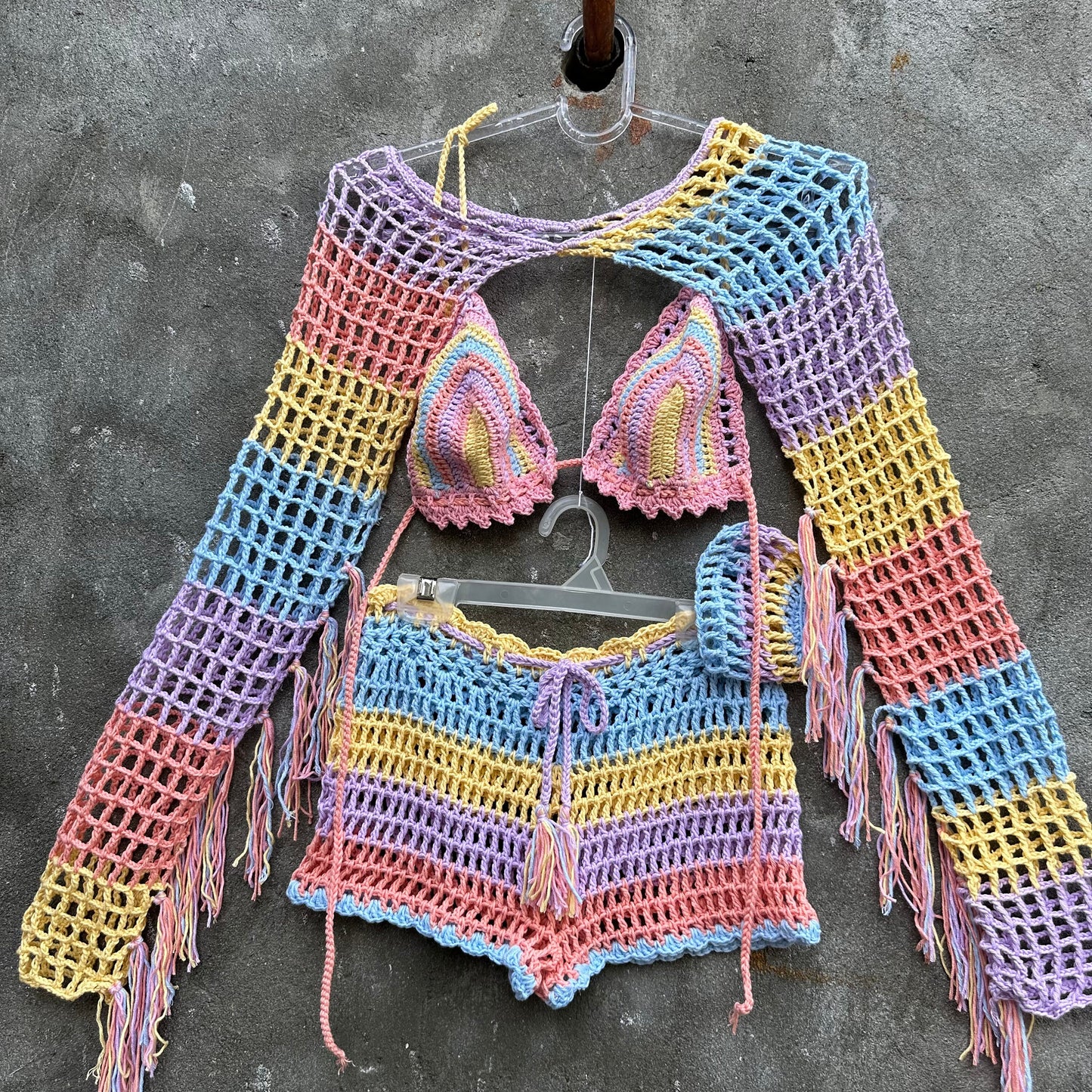 5 pcs pastel goth crochet set woman Festival rave wear outfit Mesh beach wear matching set Rasta clothes crochet outfit Garust