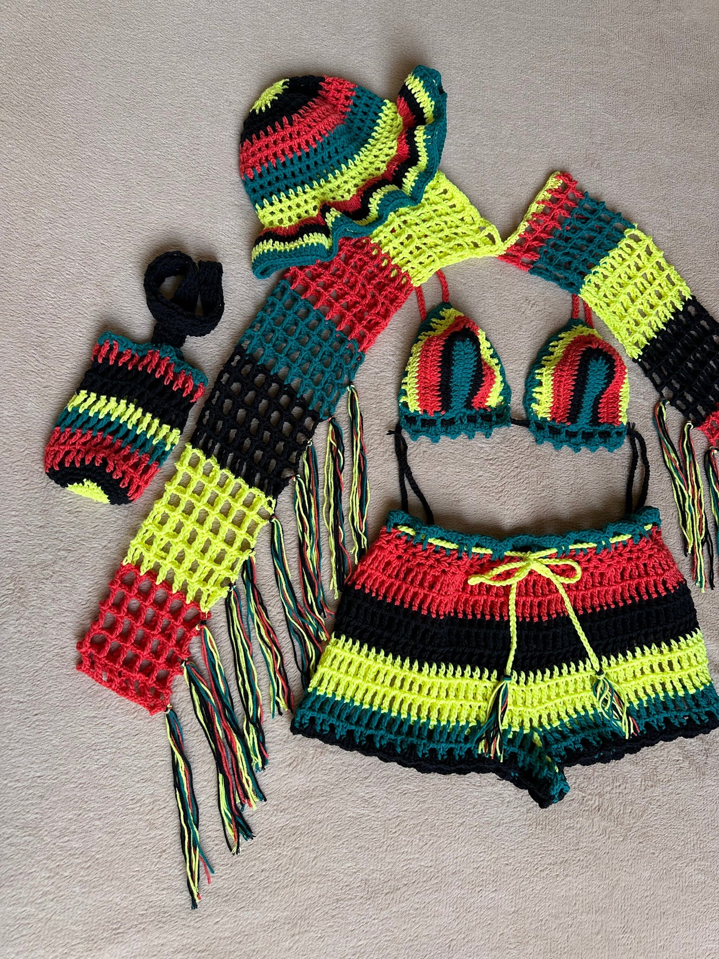 5 pcs pastel goth crochet set woman Festival rave wear outfit Mesh beach wear matching set Rasta clothes crochet outfit Garust