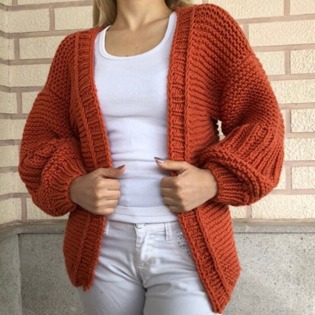 Chunky knit ripped cardigan Thick open front puff sleeves cardigan woman Wide sleeve cropped sweater cardigan Wool knit cardigan gift her