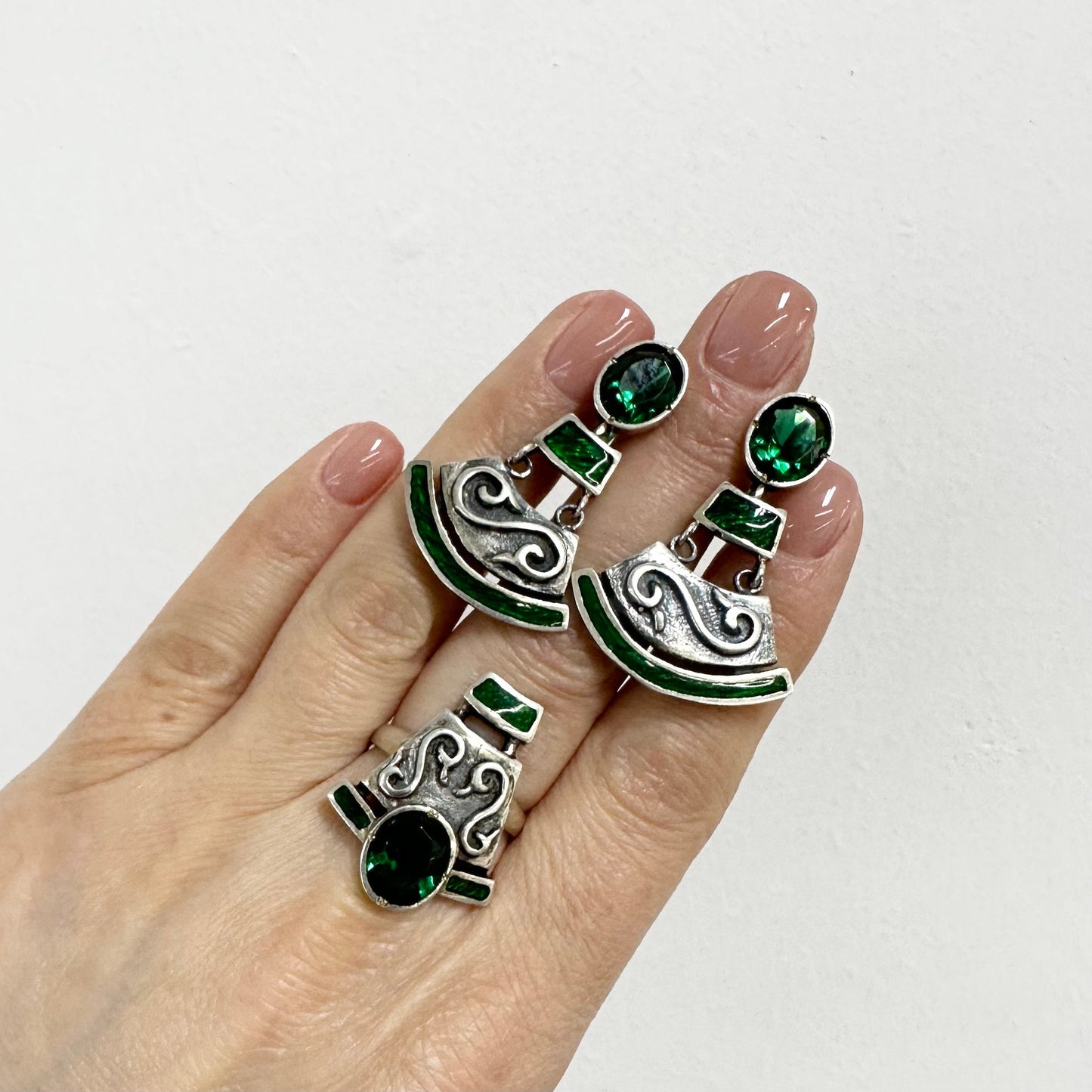 Sterling Silver Tribal Jewelry Earrings and Ring Set Handcrafted Big Boho Dangle Drop Earrings Large Silver Ring CZ Ethnic Gift for Women