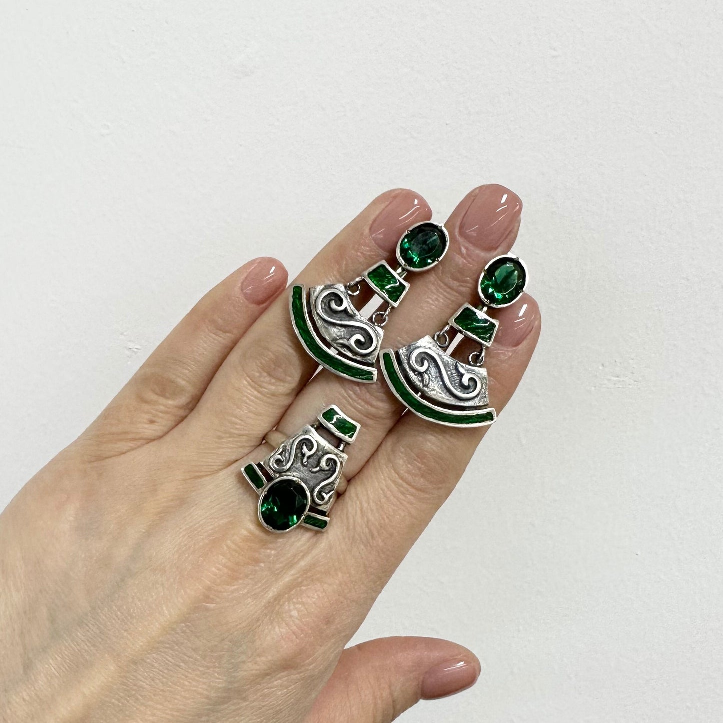 Sterling Silver Tribal Jewelry Earrings and Ring Set Handcrafted Big Boho Dangle Drop Earrings Large Silver Ring CZ Ethnic Gift for Women