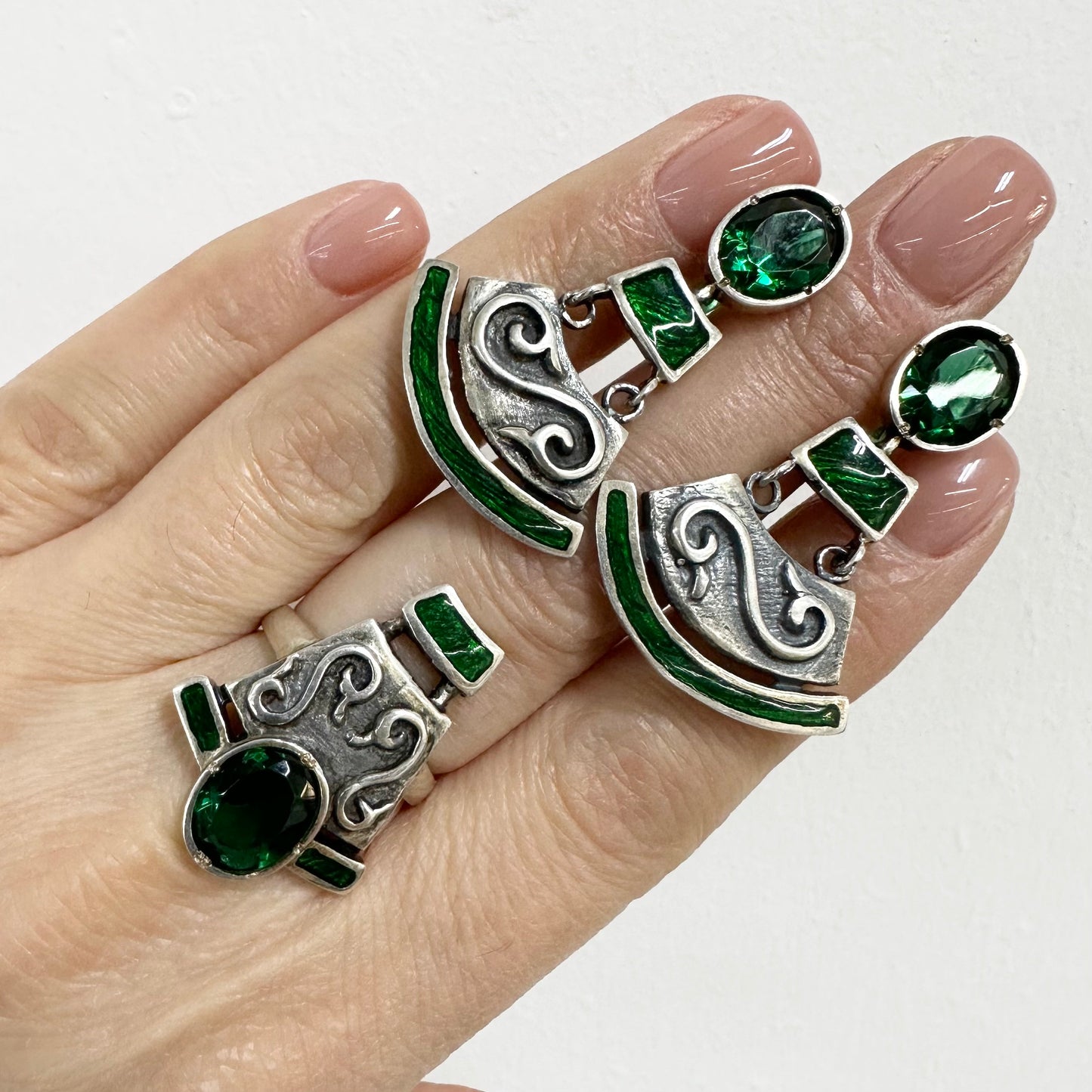 Sterling Silver Tribal Jewelry Earrings and Ring Set Handcrafted Big Boho Dangle Drop Earrings Large Silver Ring CZ Ethnic Gift for Women