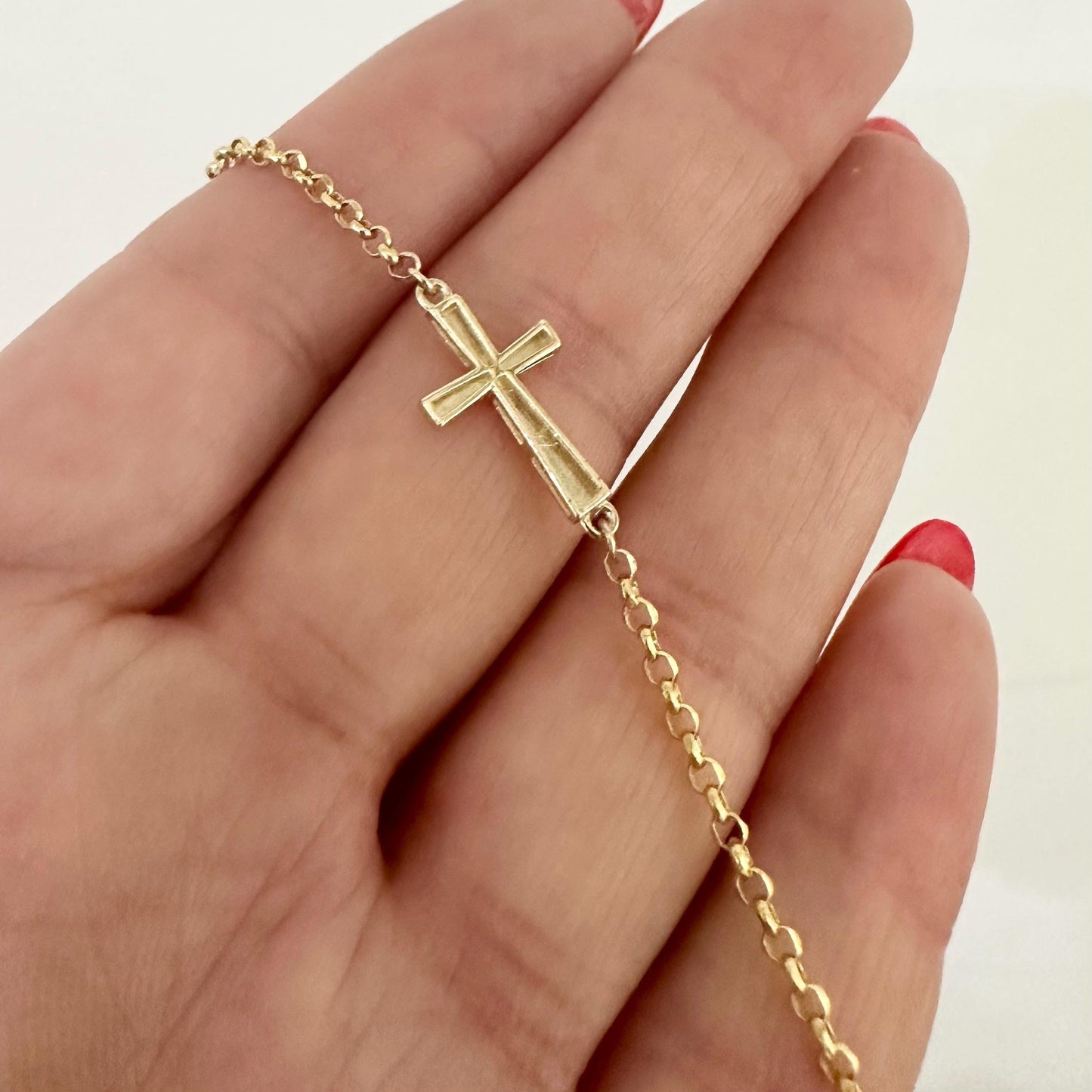 14k Solid Gold Cross Charm Chain Bracelet Tiny Delicate Cross Bracelet Minimalist Jewelry Stylish Dainty Chain Bracelet Gift Girlfriend