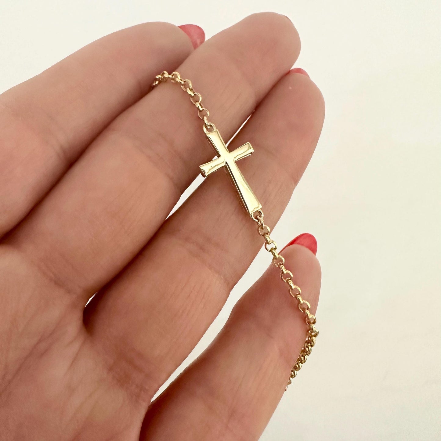 14k Solid Gold Cross Charm Chain Bracelet Tiny Delicate Cross Bracelet Minimalist Jewelry Stylish Dainty Chain Bracelet Gift Girlfriend