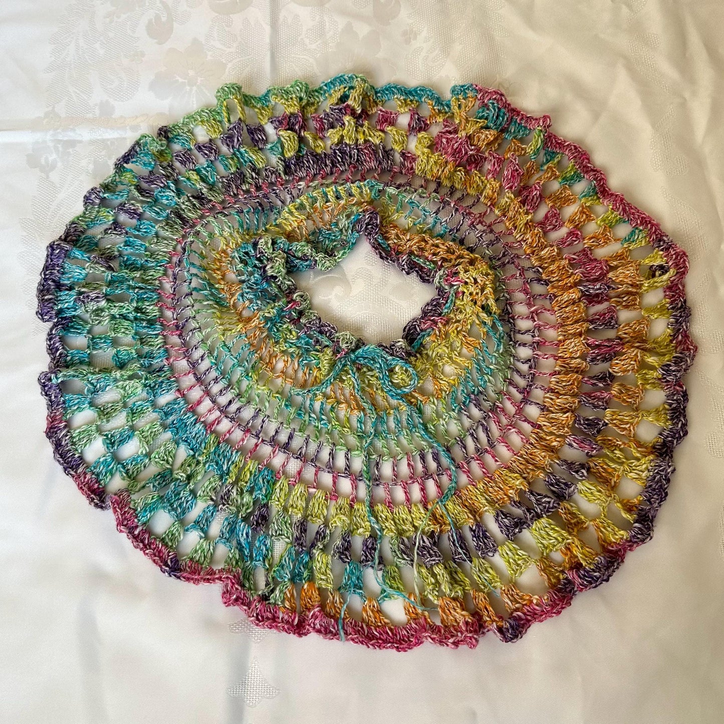 Rainbow 3 pcs Festival Crochet Outfit Twirl Skirt Bra and Headpiece by Garust