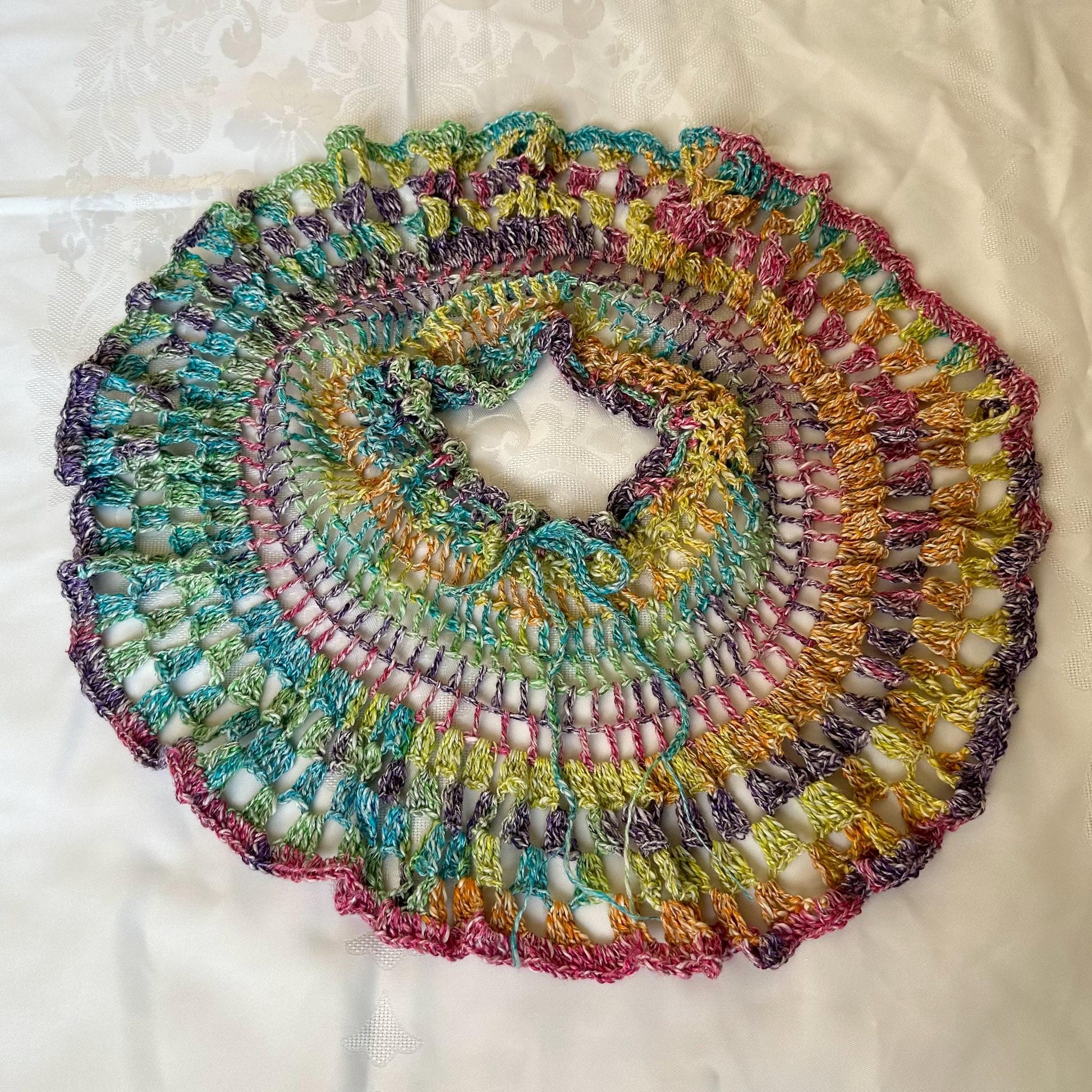 Rainbow 3 pcs Festival Crochet Outfit Twirl Skirt Bra and Headpiece by Garust