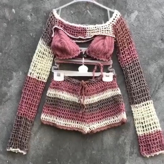 Beach Festival Outfit Crochet 3 pcs Set Bra Shorts and Long Sleeve Crop Top by Garust