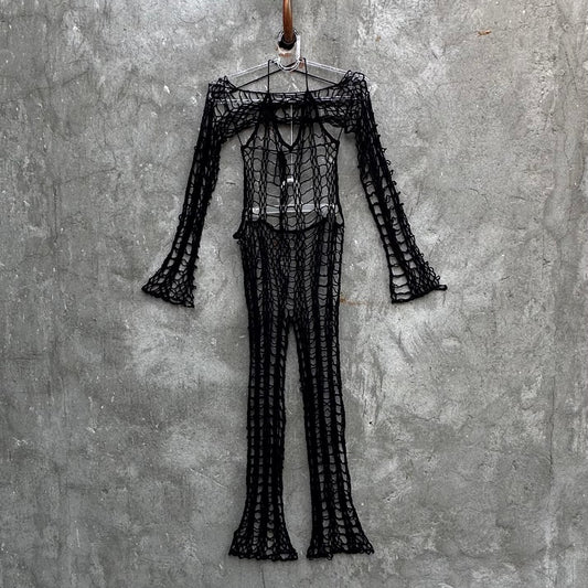 See Through Jumpsuit and Long Sleeve Crop Top Crochet Festival 2 piece Outfit for Women’s by Garust