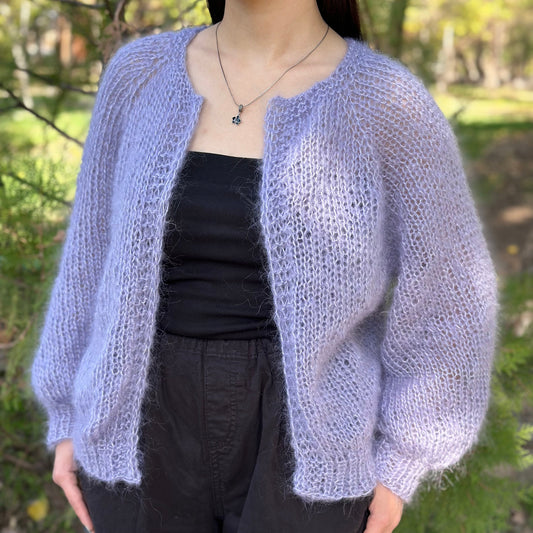 Mohair Cardigan Fuzzy Puff Sleeves Airy Lightweight Hand Knit Cardigan for Women by Garust