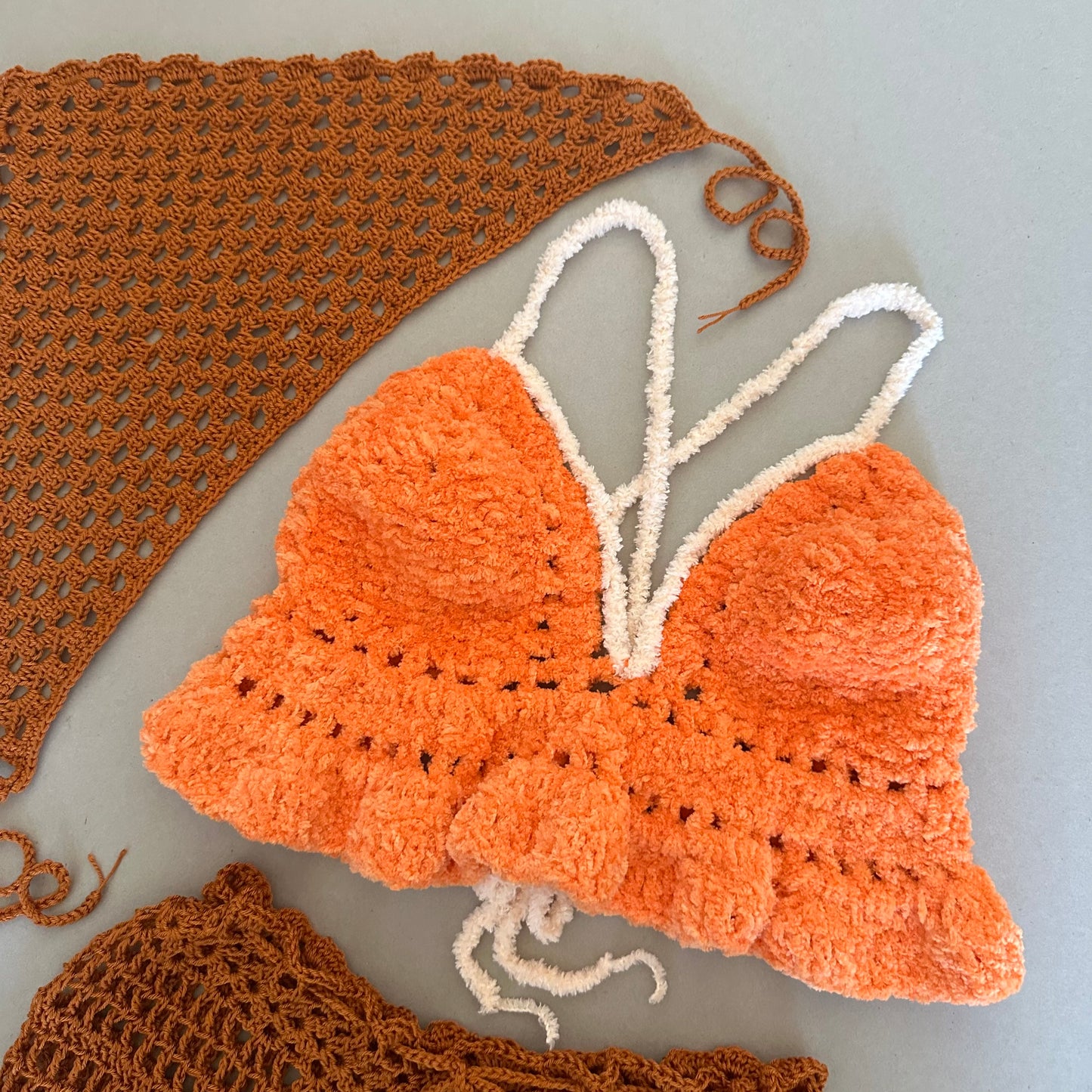 Festival Wear 3 pcs Crochet Outfit Set Plushie Crop Top Mesh shorts Bandana Headpiece by Garust