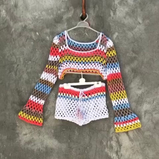 Granny Square Long Sleeve Crop Top and Shorts Outfit Multicolour Crochet Two Piece Festival for Women’s by Garust