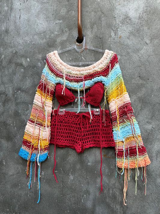 3 pcs cool crochet outfit woman Wide long sleeve crop top Bra and shorts set Festival tassel top outfit Bright beach rave wear clothes gift