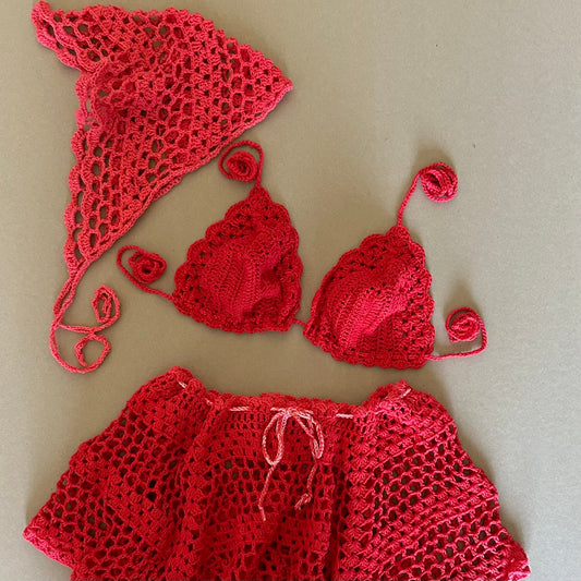 Granny Square 3 Pcs Outfit Fishnet Skirt Crochet Bralette and Bandana Head Piece Scarf Set for Women’s by Garust