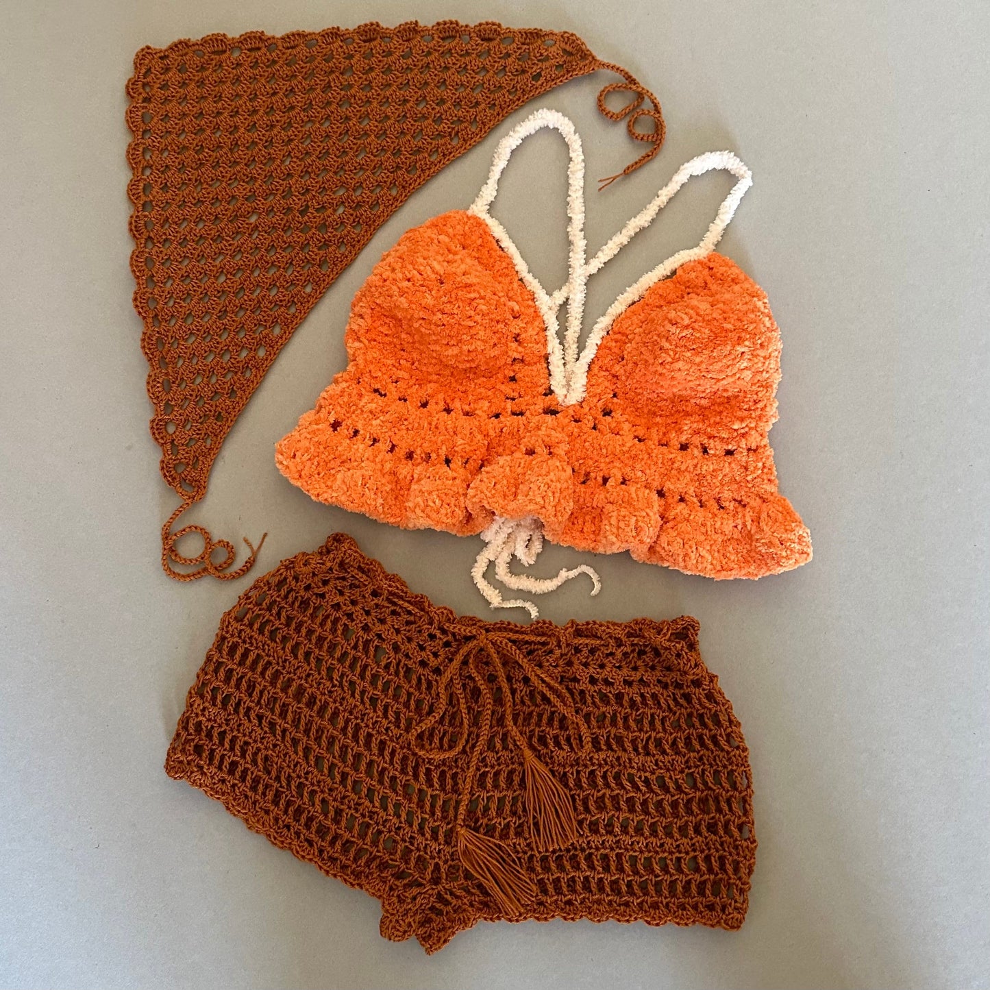 Festival 3 pcs Crochet Outfit Set Plushie Crop Top Mesh shorts Bandana Headpiece by Garust