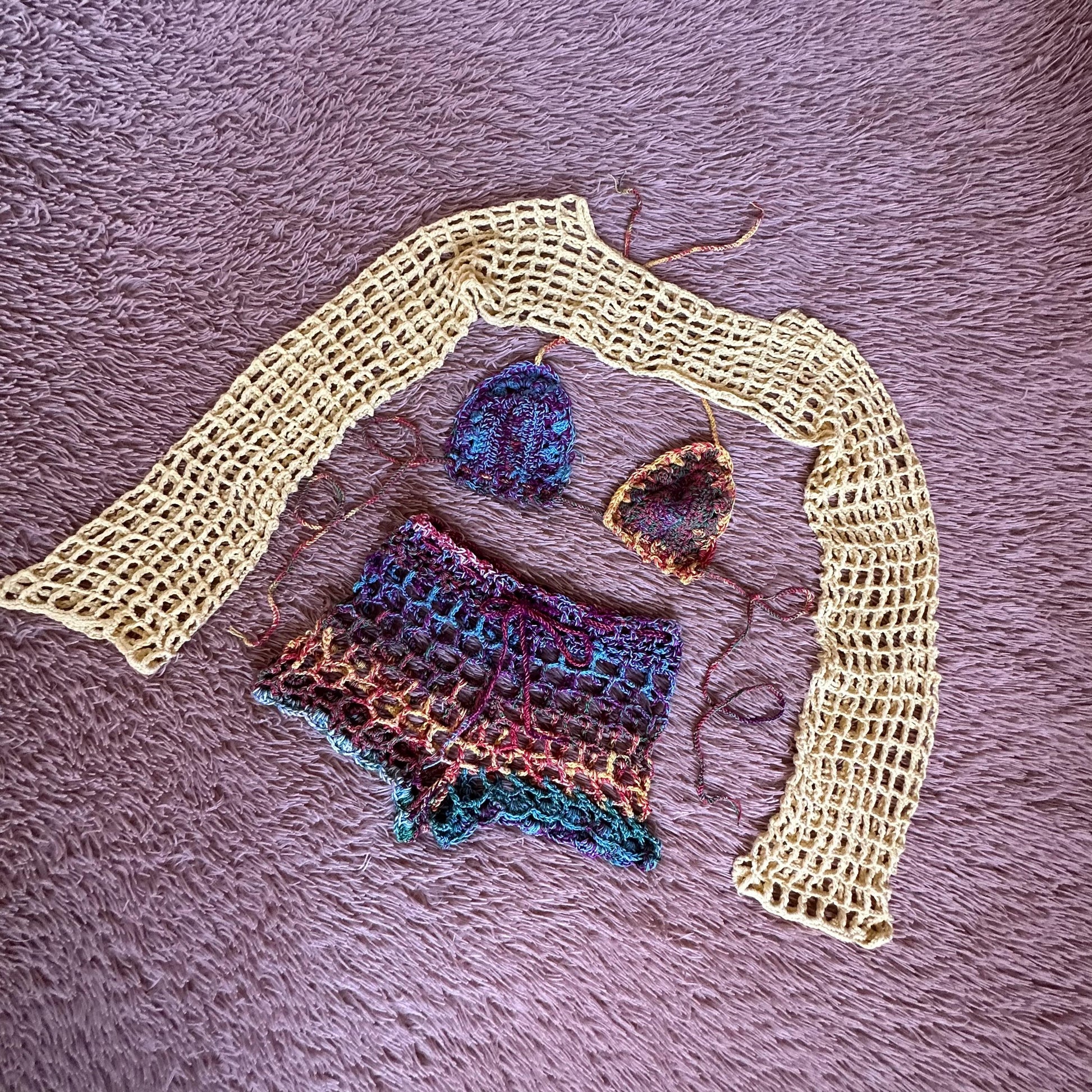 Festival 3 Piece Crochet Outfit Boho Long Sleeve Crop Top Bra and Mesh Shorts for Women’s by Garust