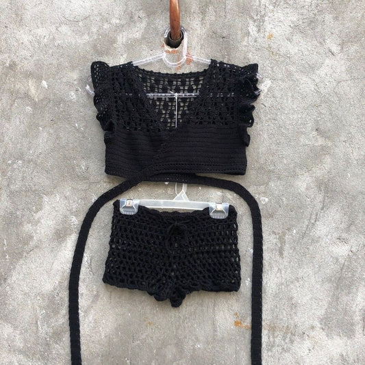 Ruffle Wrap Top and Shorts Fishnet Two Piece Outfit by Garust