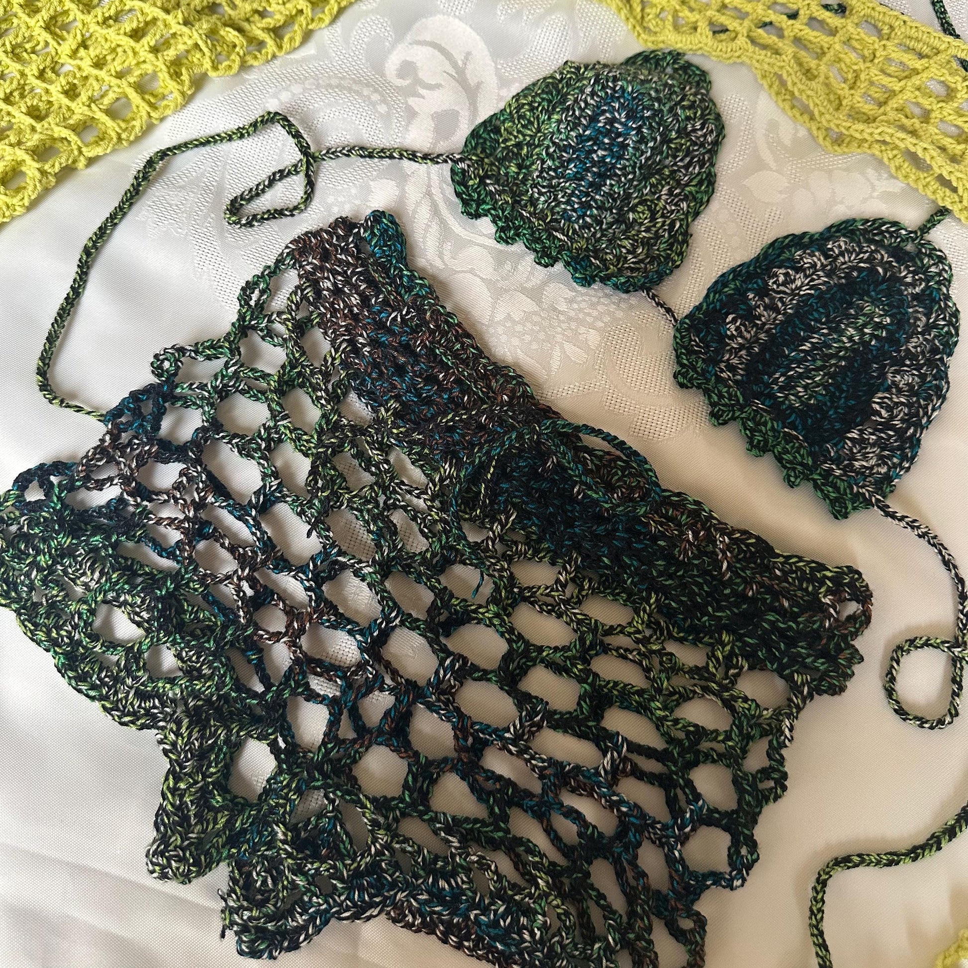 Mesh 3 Piece Crochet Set Outfit Boho Long Sleeve Crop Top Bra and Mesh Shorts for Women’s by Garust