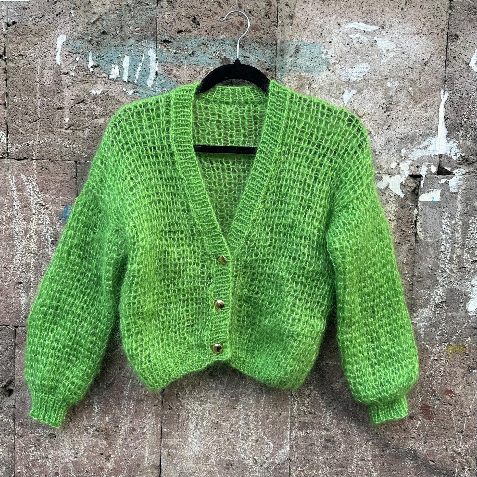 Green Fuzzy Mohair V neck Cardigan with Buttons by Garust