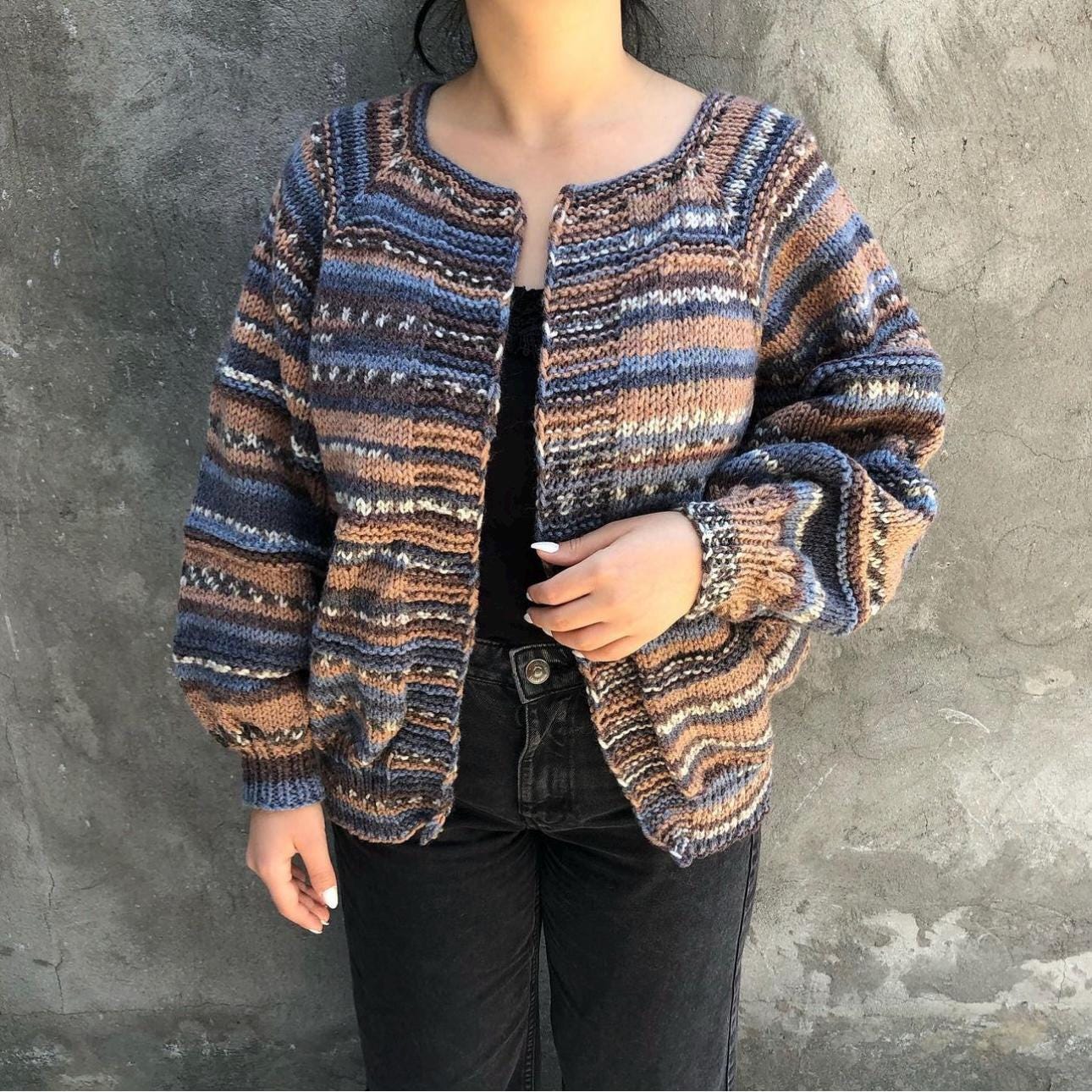 Multicolour Chunky Knit Open Front Wool Cardigan for Women’s by Garust
