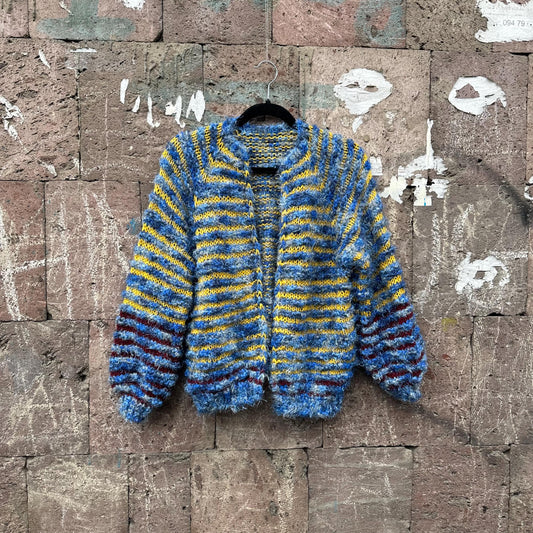 Wool Striped Fuzzy Hand Knit Cardigan by Garust