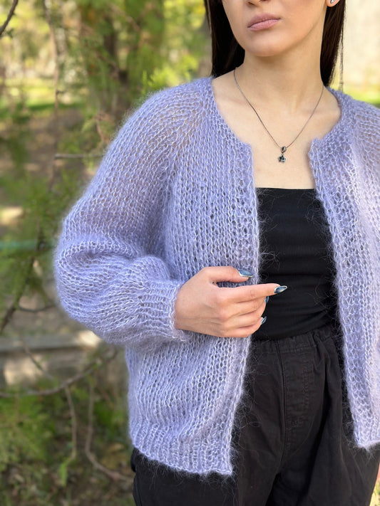 Mohair Cardigan Fuzzy Puff Sleeves Lightweight Hand Knit Cardigan for Women by Garust