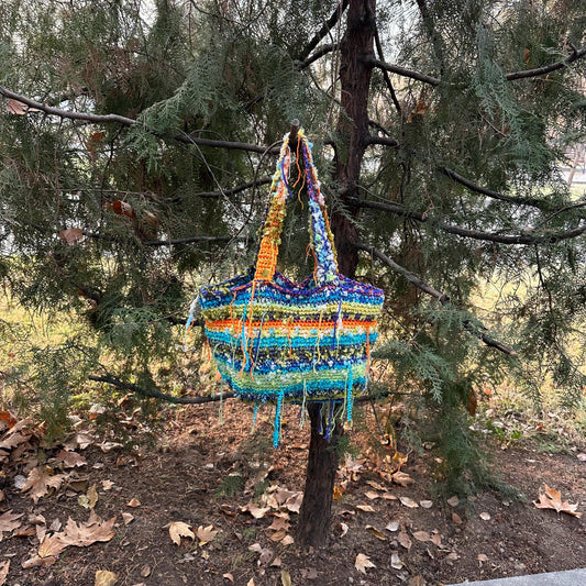 Unique Boho crochet tote bag OOAK Upsycled large bag handmade aesthetic Beach recycled Colorful Festival Fringe bag Yarn stash Textured bag