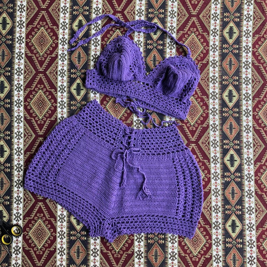 Crochet Shorts Set Boho Festival Bralette and Shorts Two Piece by Garust